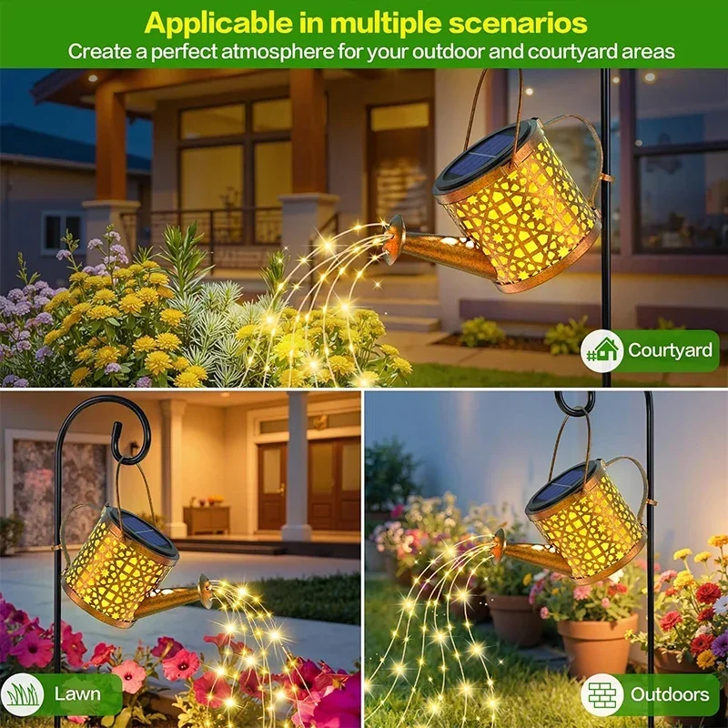 1/2Pcs Solar Lights Outdoor Watering Can LED Lamp Waterproof Hanging Lantern String Waterfall Decorative or Yard Patio Garden