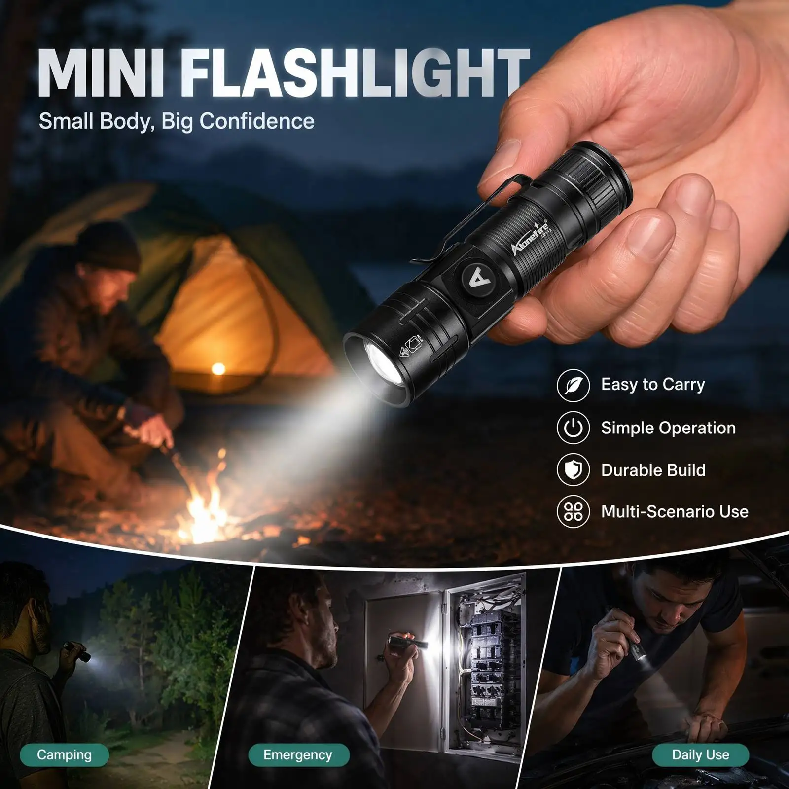 Zoomable LED Beam Light Portable Flashlight USB Rechargeable Home Outdoor Camping Hunting Fishing Hiking Emergency Lighting Lamp