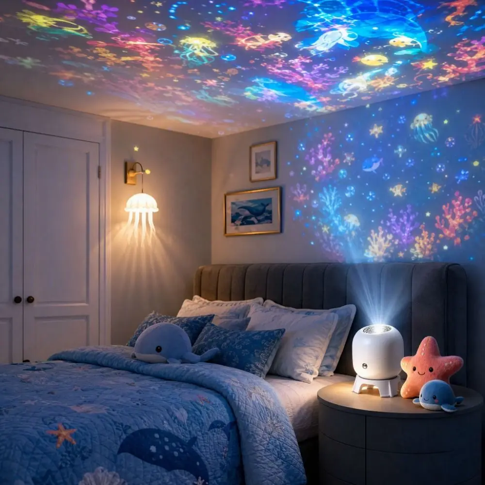 360 Degree Rotating Dreamy Ocean Projector Ocean World Flexible Neck Party Ambient Light Ocean-Themed Snowflake Projector Lamp