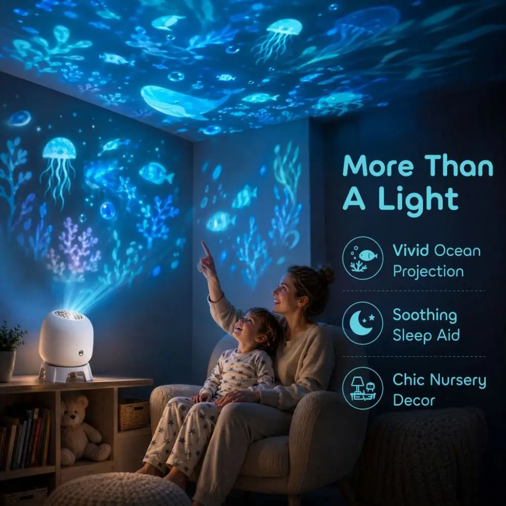 360 Degree Rotating Dreamy Ocean Projector Ocean World Flexible Neck Party Ambient Light Ocean-Themed Snowflake Projector Lamp