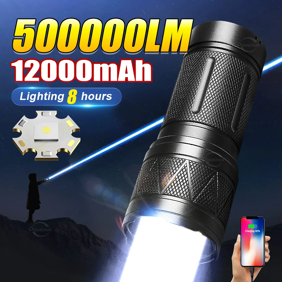 Paweinuo LED Handheld Flashlight Ultra-Bright 50000Lumens 12000mAh Rechargeable Battery Powerful Torch Zoomable Tactical Lantern