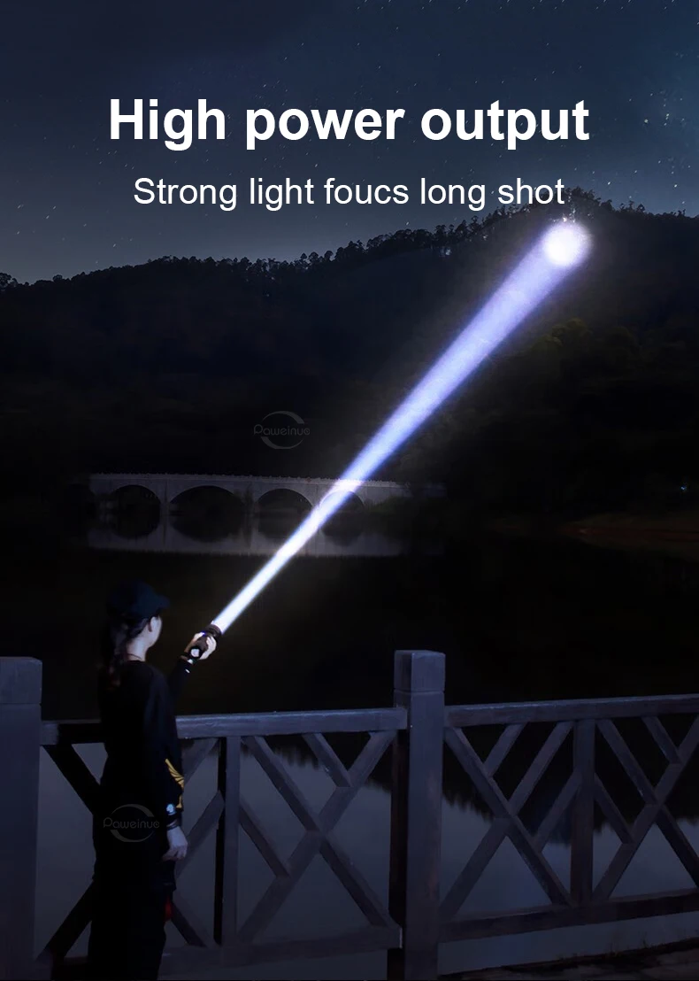 Paweinuo LED Handheld Flashlight Ultra-Bright 50000Lumens 12000mAh Rechargeable Battery Powerful Torch Zoomable Tactical Lantern
