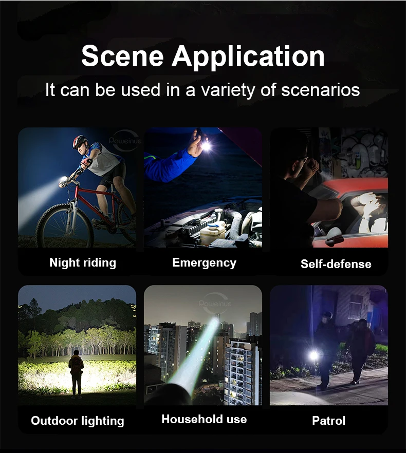 Paweinuo LED Handheld Flashlight Ultra-Bright 50000Lumens 12000mAh Rechargeable Battery Powerful Torch Zoomable Tactical Lantern