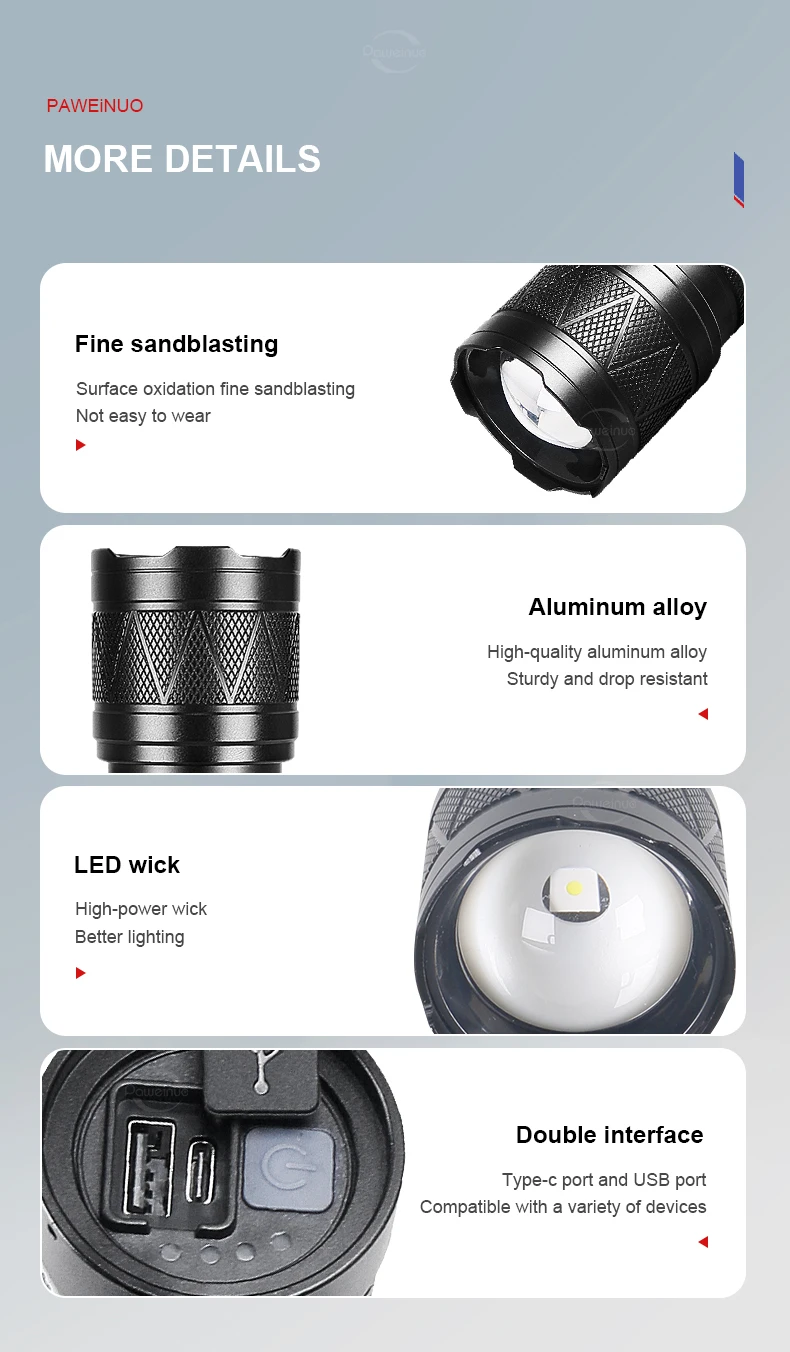 Paweinuo LED Handheld Flashlight Ultra-Bright 50000Lumens 12000mAh Rechargeable Battery Powerful Torch Zoomable Tactical Lantern