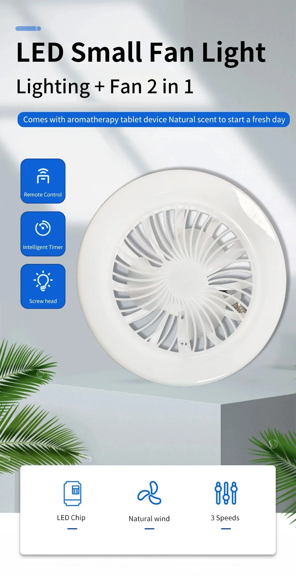 2 In 1 Indoor 30W Ceiling Fan Lamps with Remote Control 360°Rotating E27 Living Room Bedroom Lighting LED Decorative Lights