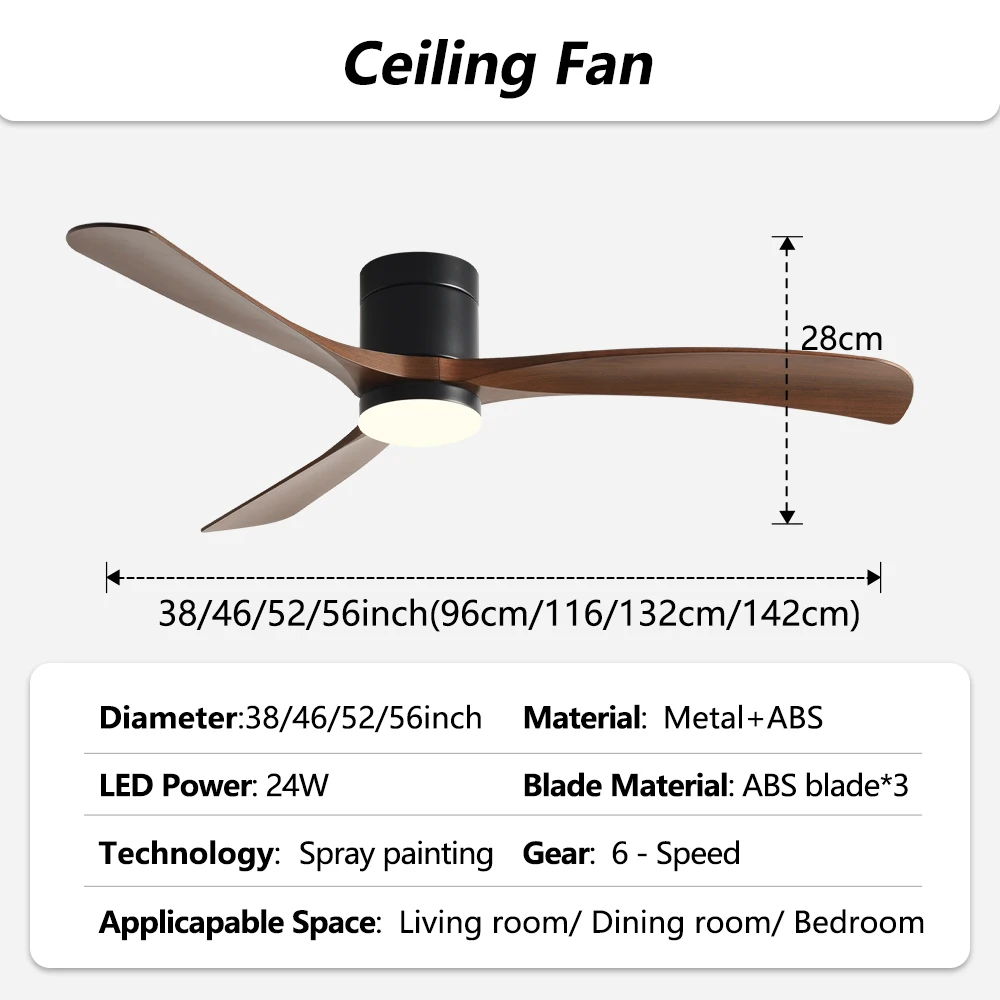 38/56inch Low Floor Ceiling Fan Light 3 Blades DC Motor Remote Control LED Lights for Restaurant Coffee Shop Home Hotel Office