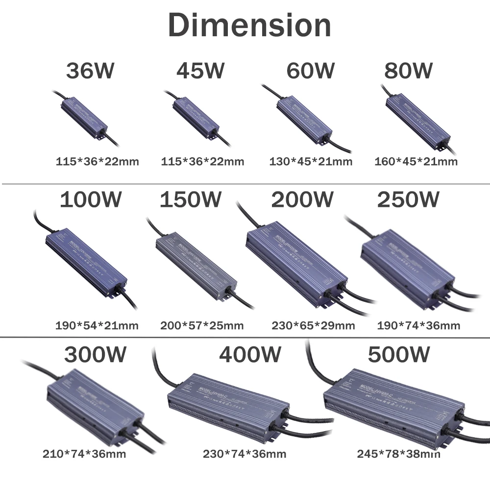 Switching Power Supply AC 170V-265V to DC 12V 24V 36W 200W 400W 500W Outdoor LED Light Transformer IP67 Waterproof