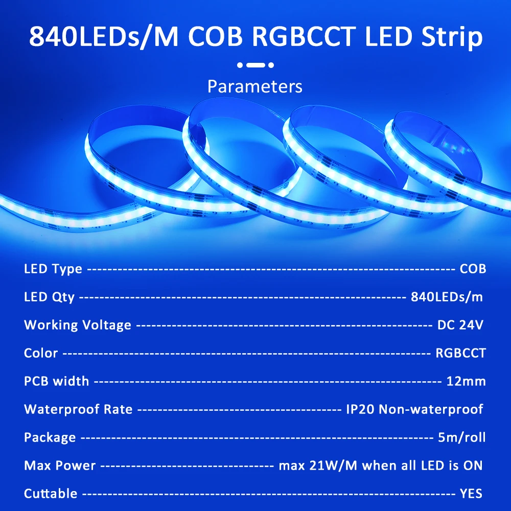 5M COB RGBCCT Led Strip 24V 6 Pin 12mm 840 Diodes RGB CCT WW CW 24 Volt Flexible Led Stripe Neon Tape Ribbon Lamp for Room Decor