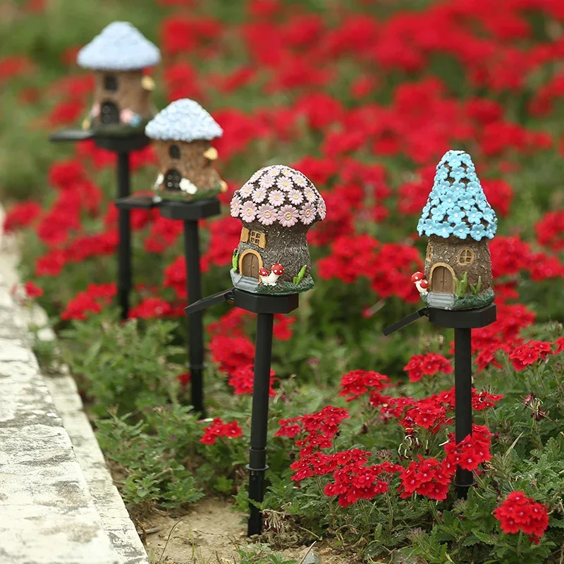 LED Solar Lawn Light Multi Craft Miniature Fairy House Solar Powered Outdoor Decor LED Garden Light Resin Cottage Christmas Lamp