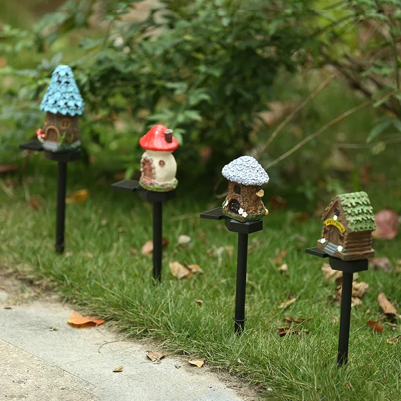 LED Solar Lawn Light Multi Craft Miniature Fairy House Solar Powered Outdoor Decor LED Garden Light Resin Cottage Christmas Lamp
