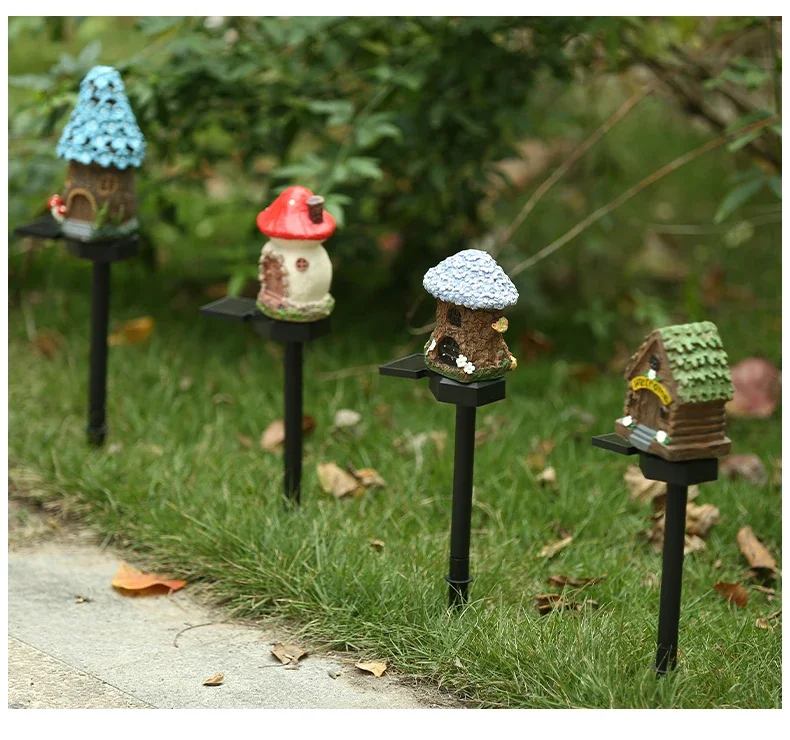 LED Solar Lawn Light Multi Craft Miniature Fairy House Solar Powered Outdoor Decor LED Garden Light Resin Cottage Christmas Lamp