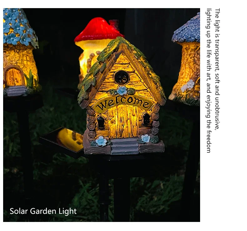 LED Solar Lawn Light Multi Craft Miniature Fairy House Solar Powered Outdoor Decor LED Garden Light Resin Cottage Christmas Lamp