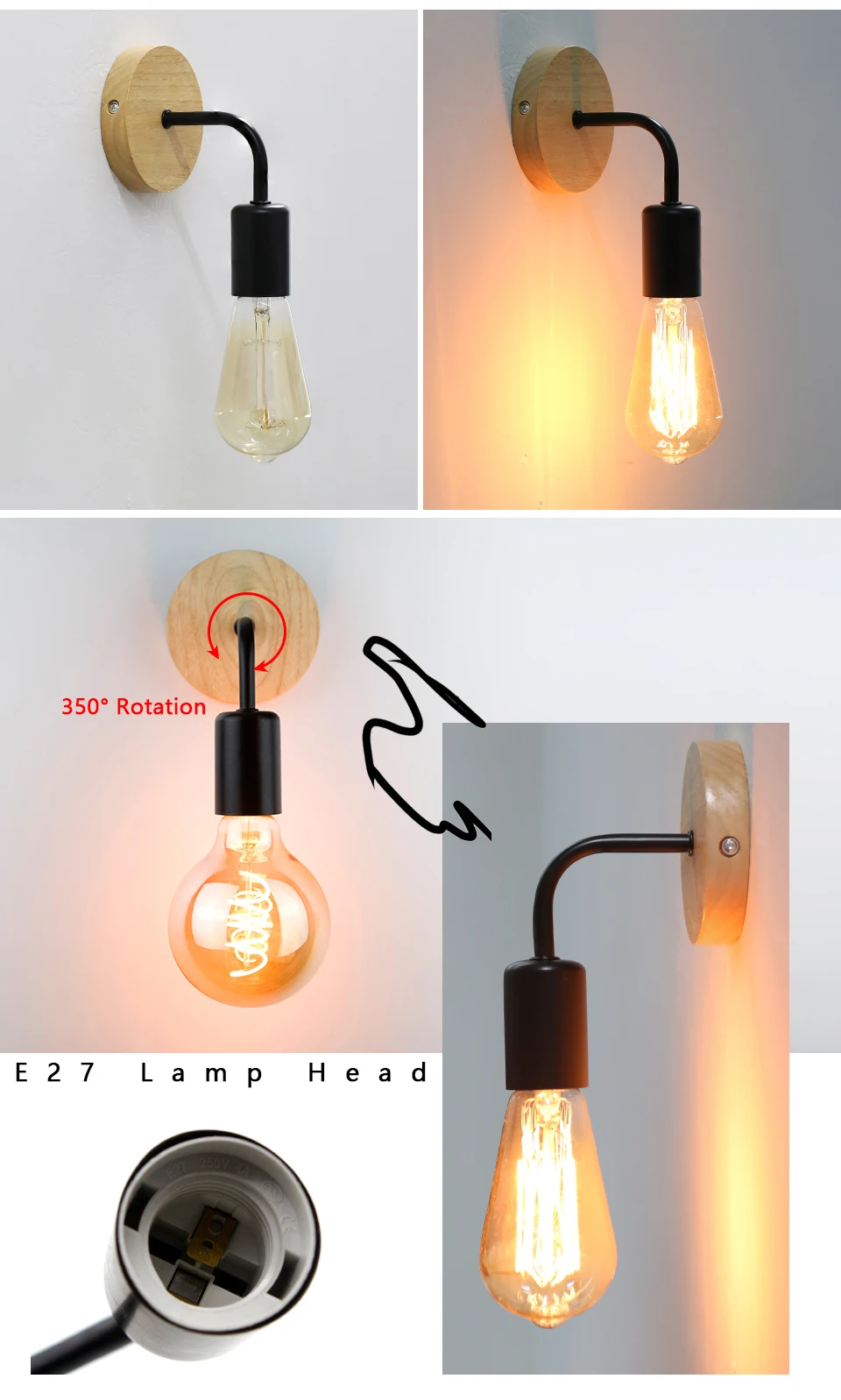 Retro Wood Wall Lamp E27 220V 110V Vintage Sconce Wall Light Fixture Bedside Retro Lamp Indoor Home Decor Bedroom Lights