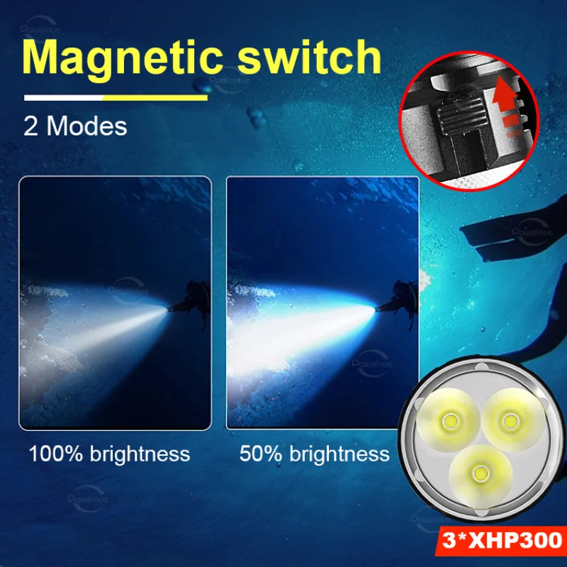 High Power LED Diving Flashlight 3*XHP300 Professional Diving Torch IPX8 Underwater Super Bright Scuba Diving Flashlight Fishing