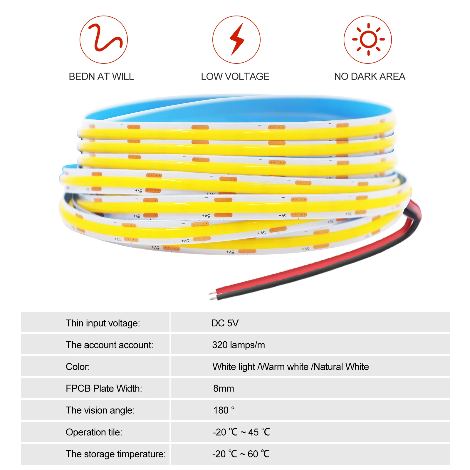 5V COB LED Strip Light 320LEDs/M Touch Sensor Dimmable USB Flexible LED Ribbon Adhesive Tape DIY Mirror TV Backlight Night Light