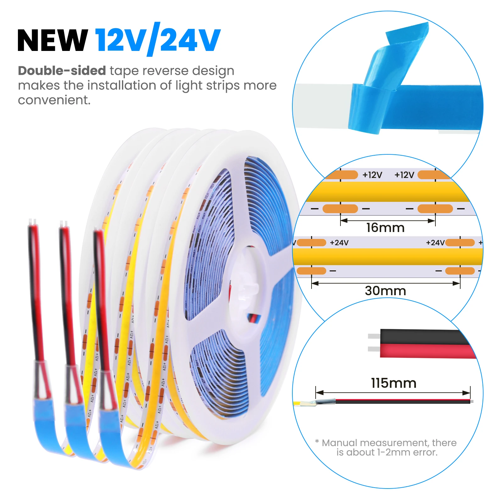 DC 12V 24V COB Strip 480 384 320 528Leds/M High Density RA90 White 3000K 4000K 6000K IP21 Flexible Ribbon Rope LED Light
