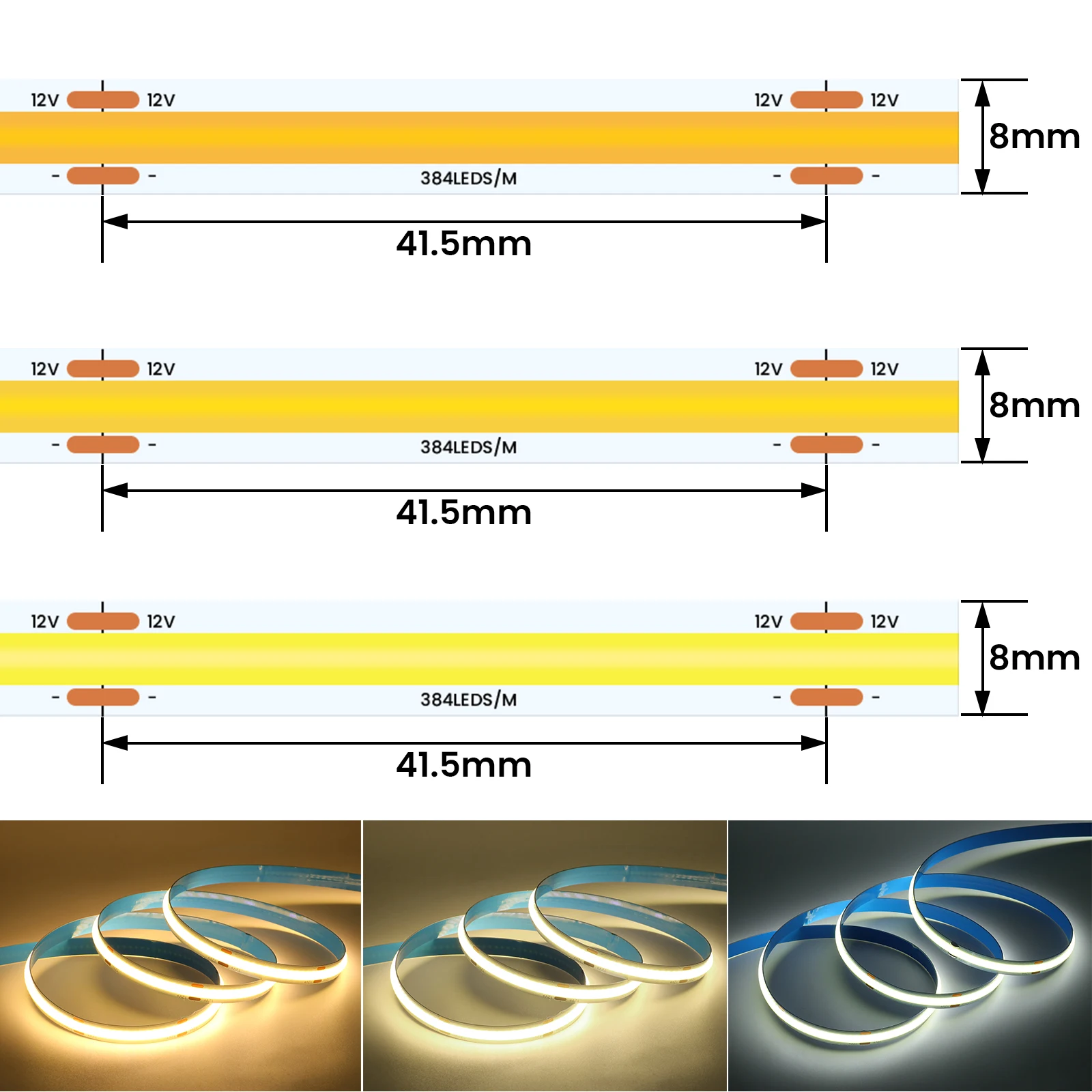 DC 12V 24V COB Strip 480 384 320 528Leds/M High Density RA90 White 3000K 4000K 6000K IP21 Flexible Ribbon Rope LED Light