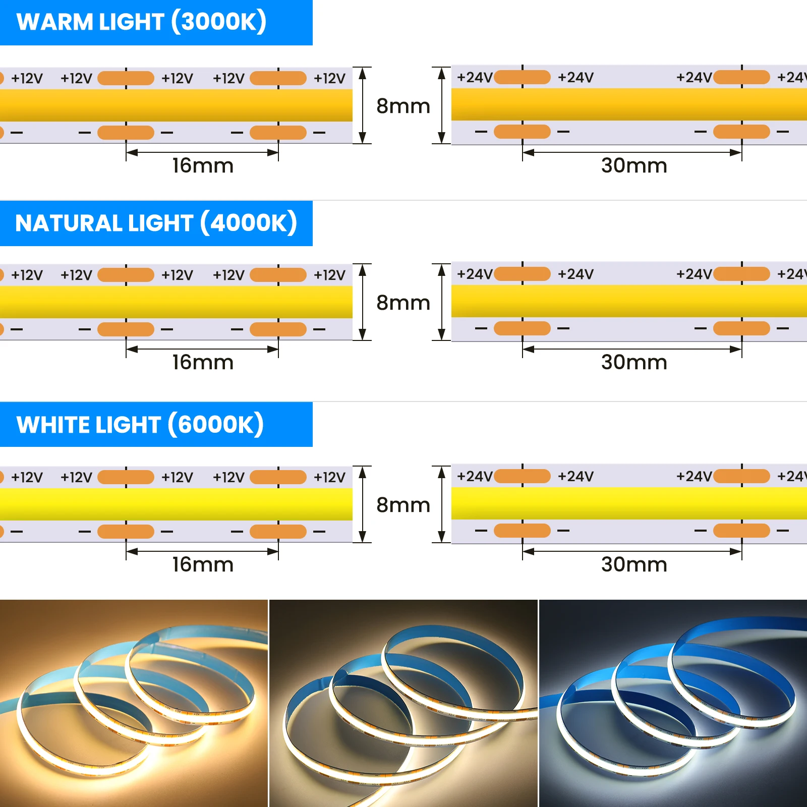 DC 12V 24V COB Strip 480 384 320 528Leds/M High Density RA90 White 3000K 4000K 6000K IP21 Flexible Ribbon Rope LED Light