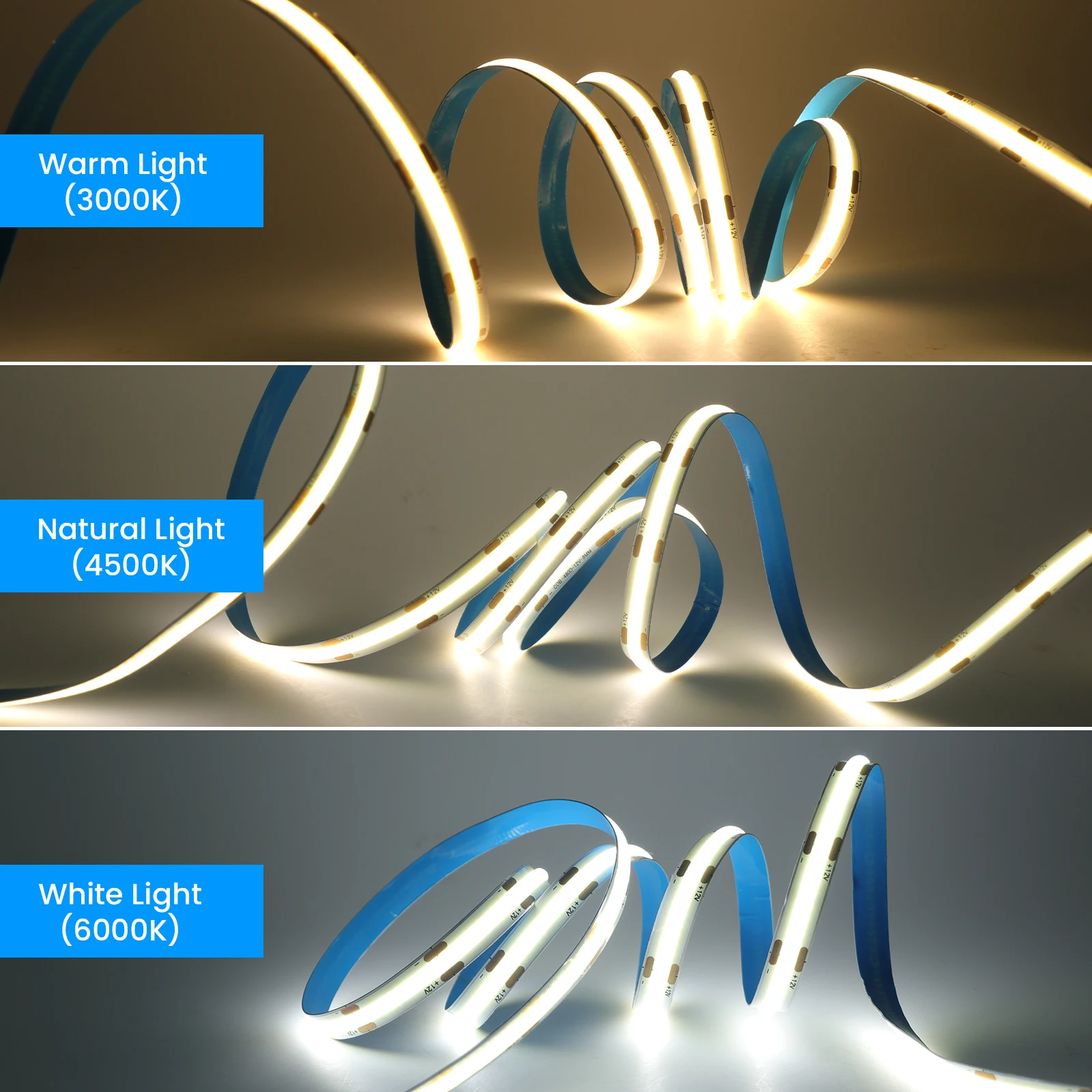 DC 12V 24V COB Strip 480 384 320 528Leds/M High Density RA90 White 3000K 4000K 6000K IP21 Flexible Ribbon Rope LED Light