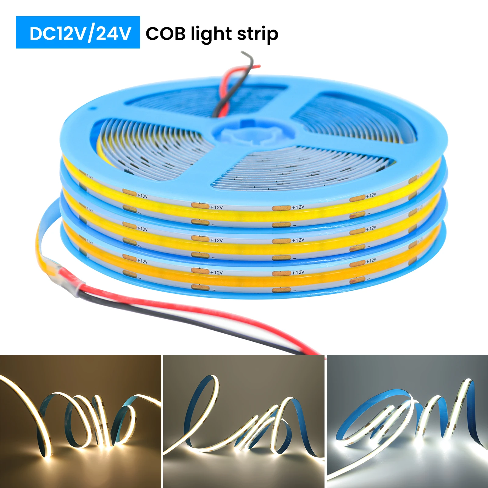 DC 12V 24V COB Strip 480 384 320 528Leds/M High Density RA90 White 3000K 4000K 6000K IP21 Flexible Ribbon Rope LED Light