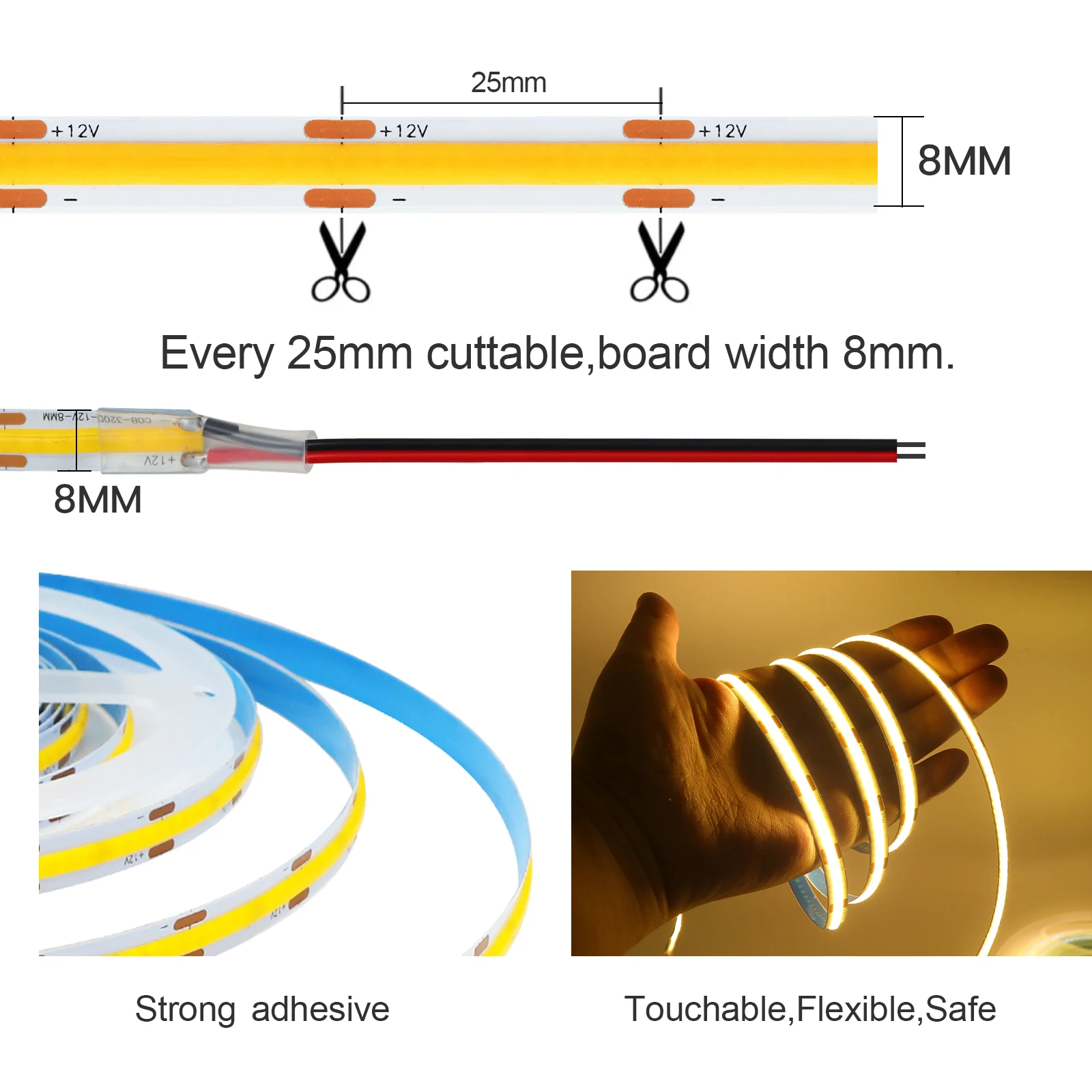 DC 12V 24V COB Strip 480 384 320 528Leds/M High Density RA90 White 3000K 4000K 6000K IP21 Flexible Ribbon Rope LED Light