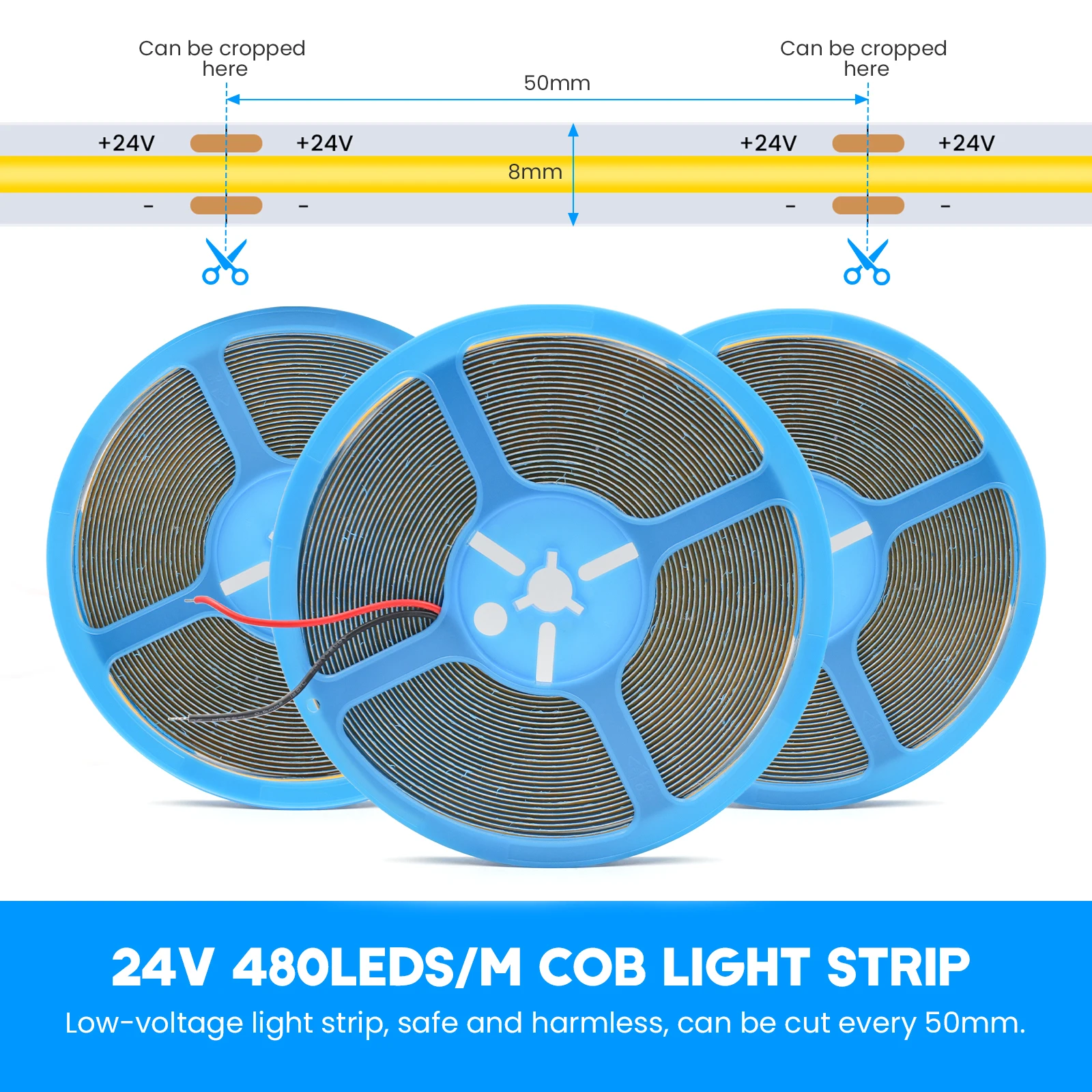 DC 12V 24V COB Strip 480 384 320 528Leds/M High Density RA90 White 3000K 4000K 6000K IP21 Flexible Ribbon Rope LED Light