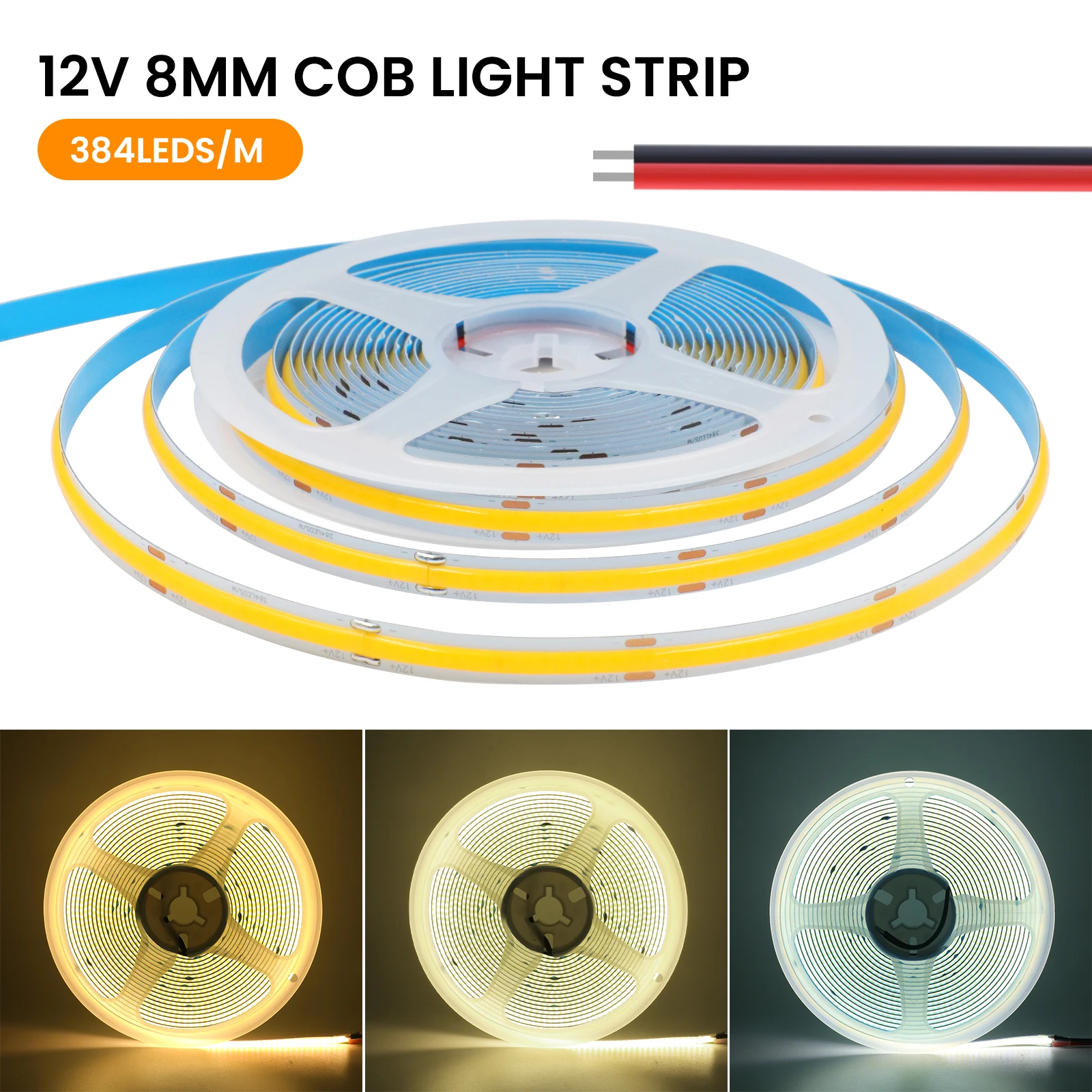 DC 12V 24V COB Strip 480 384 320 528Leds/M High Density RA90 White 3000K 4000K 6000K IP21 Flexible Ribbon Rope LED Light