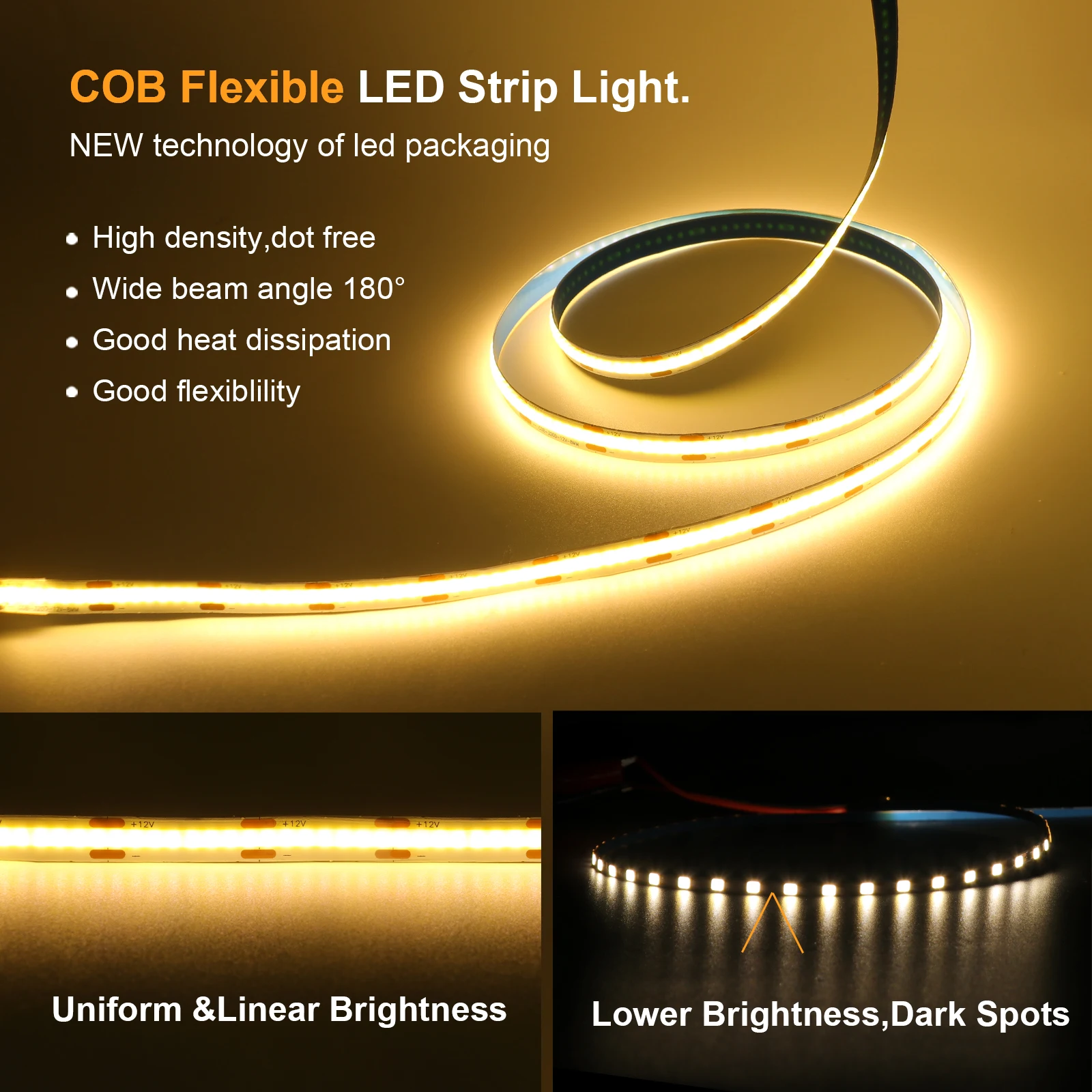 DC 12V 24V COB Strip 480 384 320 528Leds/M High Density RA90 White 3000K 4000K 6000K IP21 Flexible Ribbon Rope LED Light