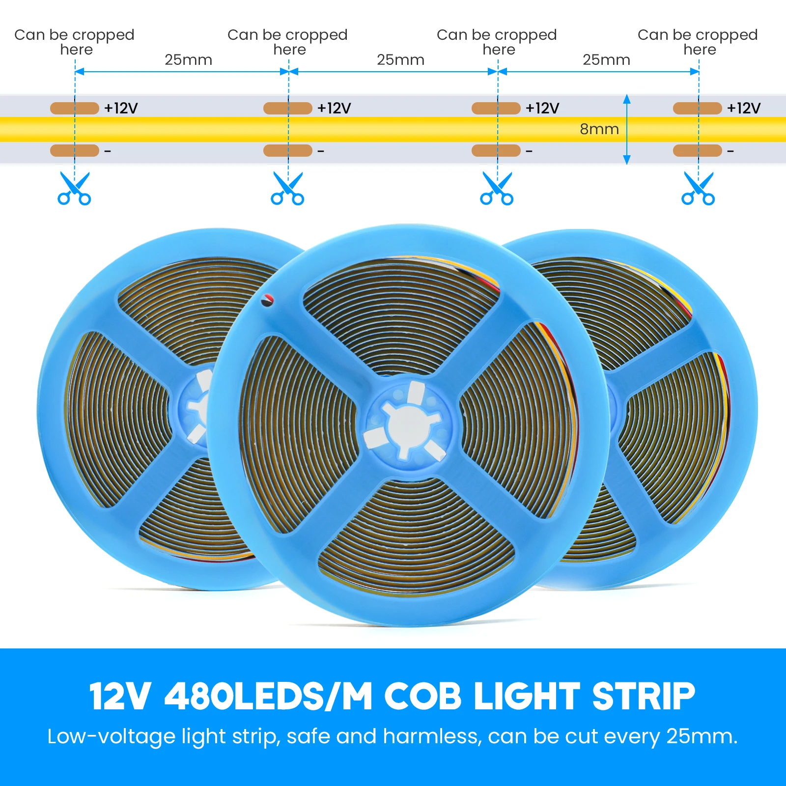 DC 12V 24V COB Strip 480 384 320 528Leds/M High Density RA90 White 3000K 4000K 6000K IP21 Flexible Ribbon Rope LED Light