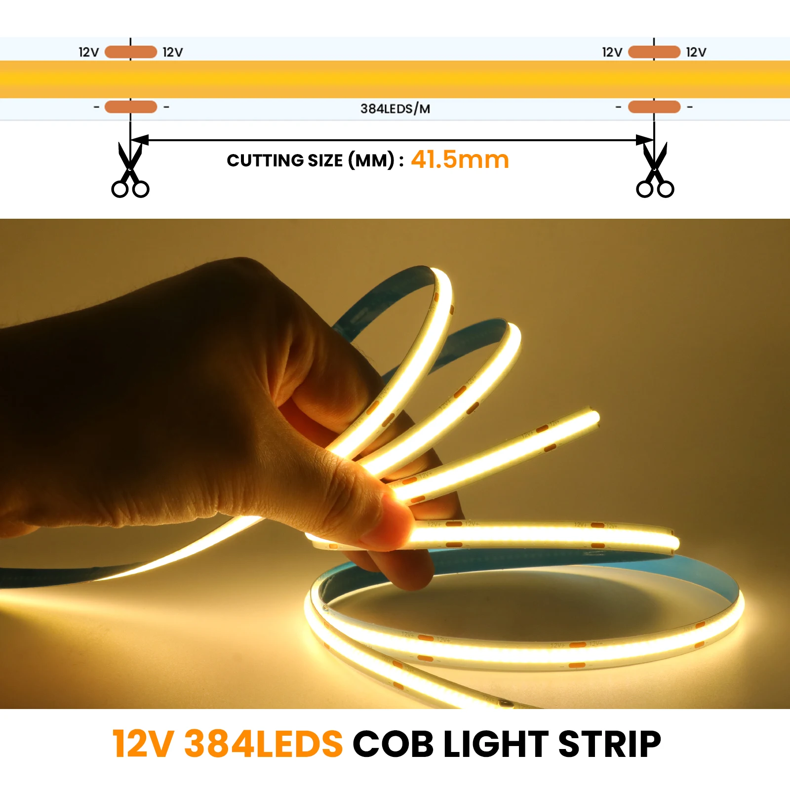 DC 12V 24V COB Strip 480 384 320 528Leds/M High Density RA90 White 3000K 4000K 6000K IP21 Flexible Ribbon Rope LED Light