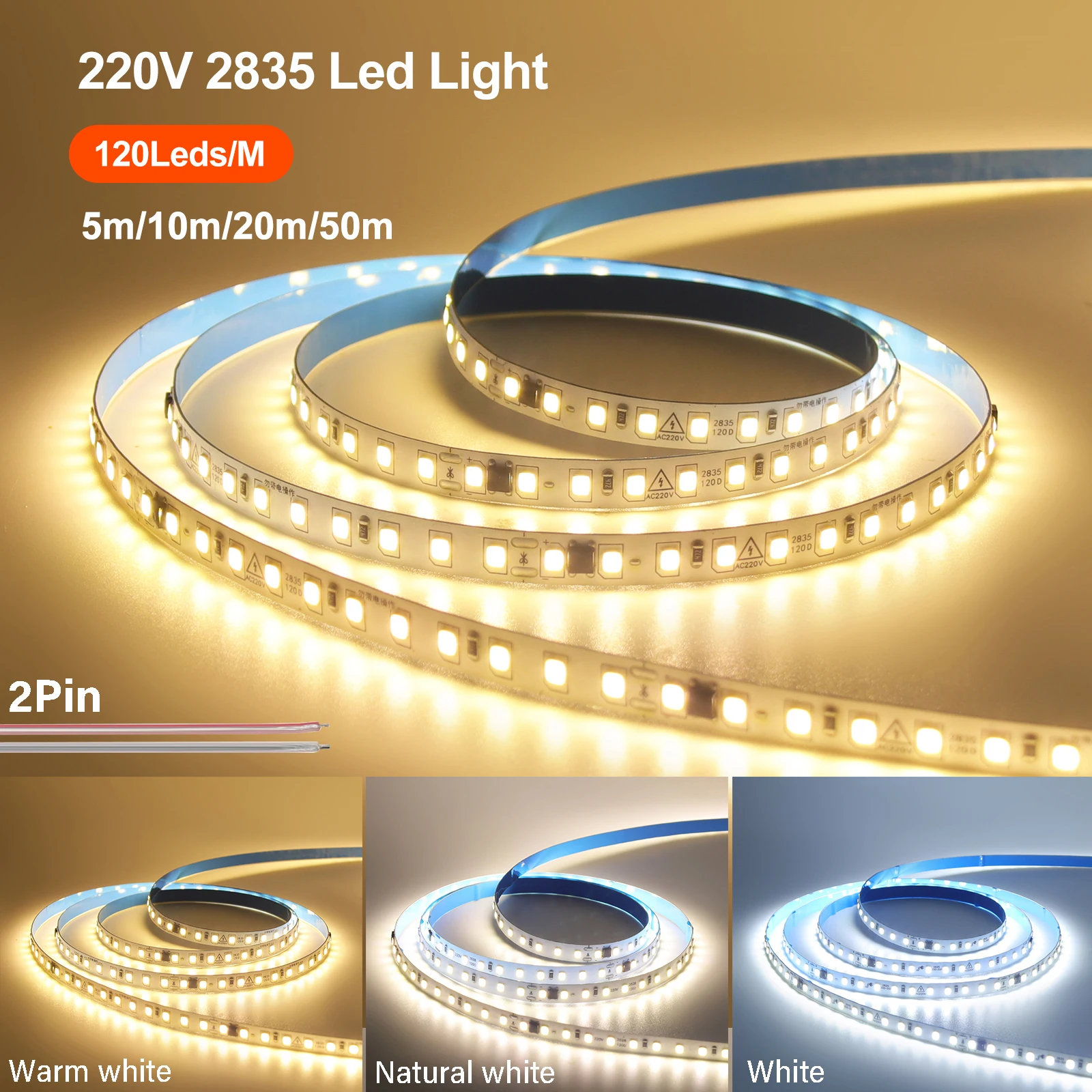 5m 10m 20m 50m 220V LED Strip Light SMD 2835 120LEDs/m 8mm Flexible and Cuttable Home Lamp Adhesive Tape Warm/Natural/Cool White