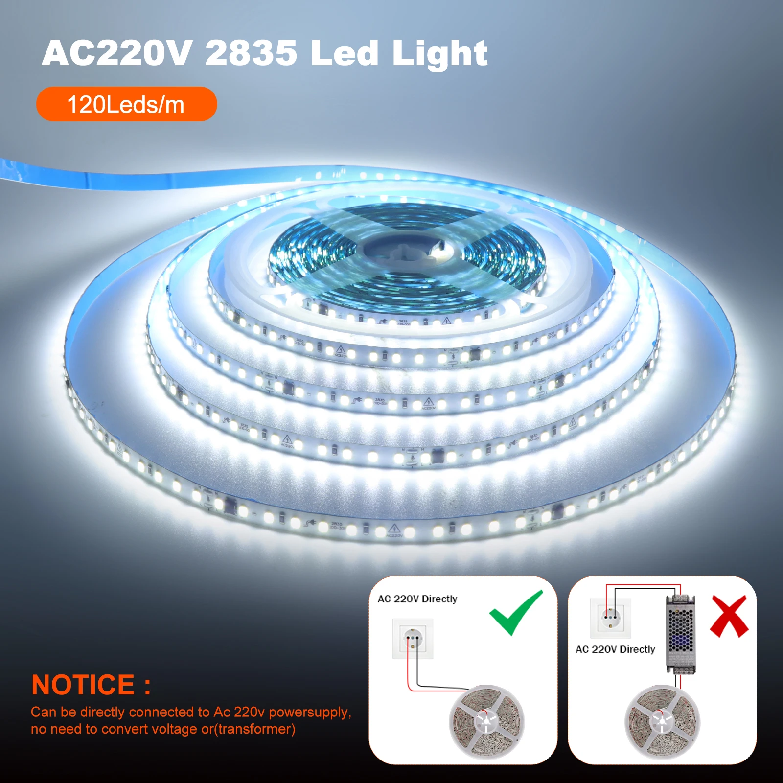 5m 10m 20m 50m 220V LED Strip Light SMD 2835 120LEDs/m 8mm Flexible and Cuttable Home Lamp Adhesive Tape Warm/Natural/Cool White