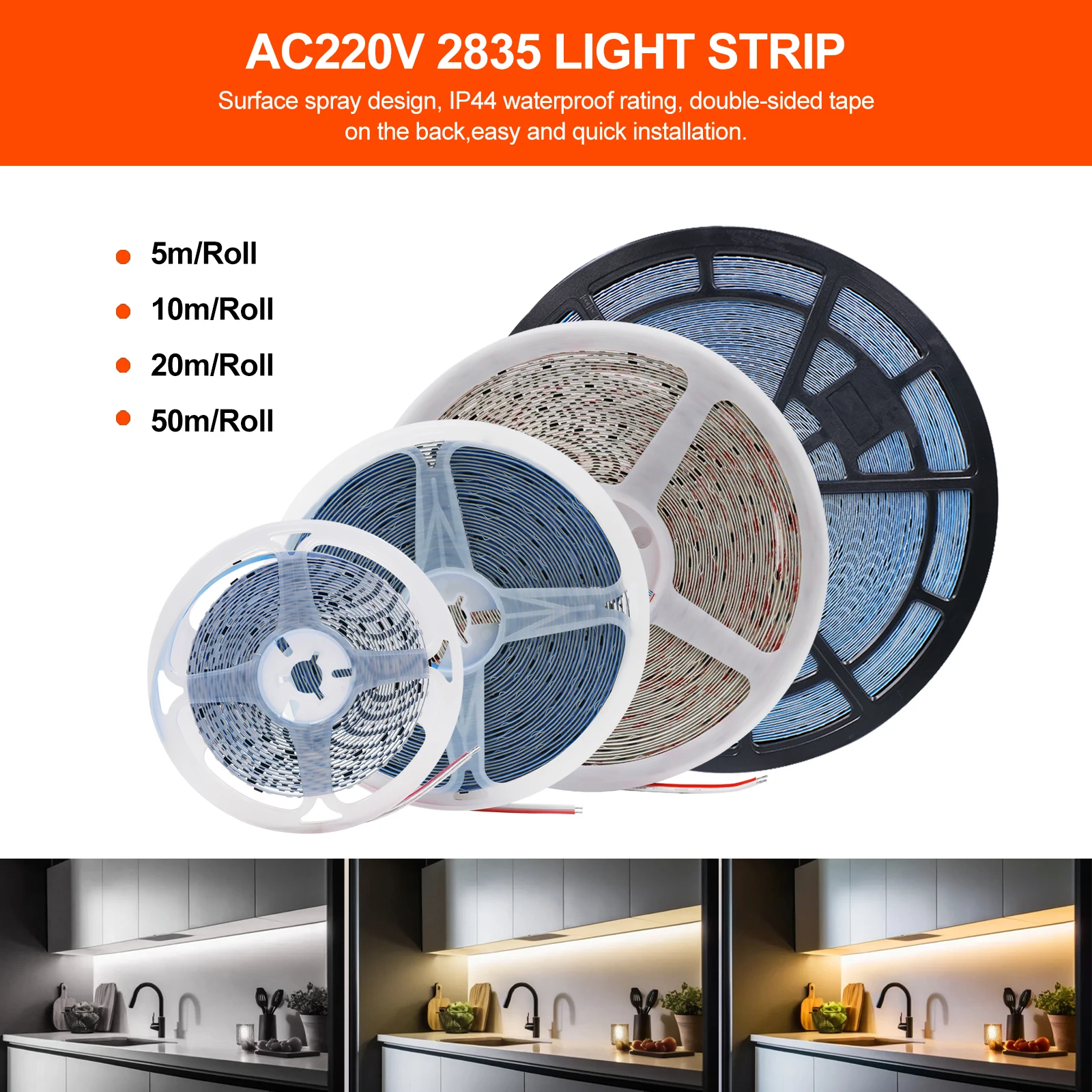 5m 10m 20m 50m 220V LED Strip Light SMD 2835 120LEDs/m 8mm Flexible and Cuttable Home Lamp Adhesive Tape Warm/Natural/Cool White