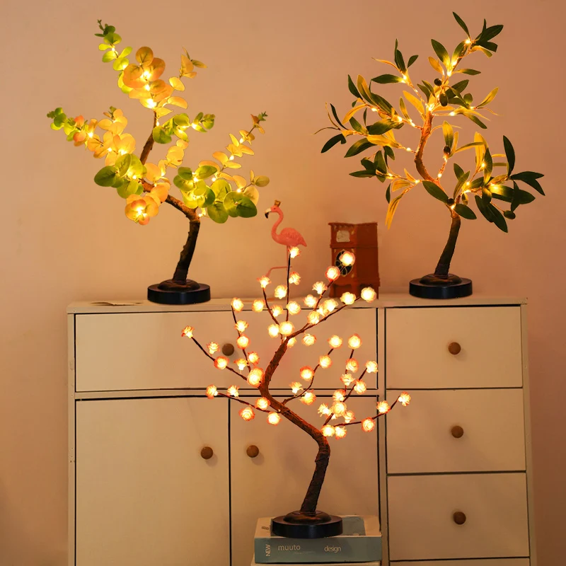 LED Tabletop Tree Lamp Battery Fairy Tree Night Lights with Removable Base for Party Wedding Gift Camping Summer Bedside Decor