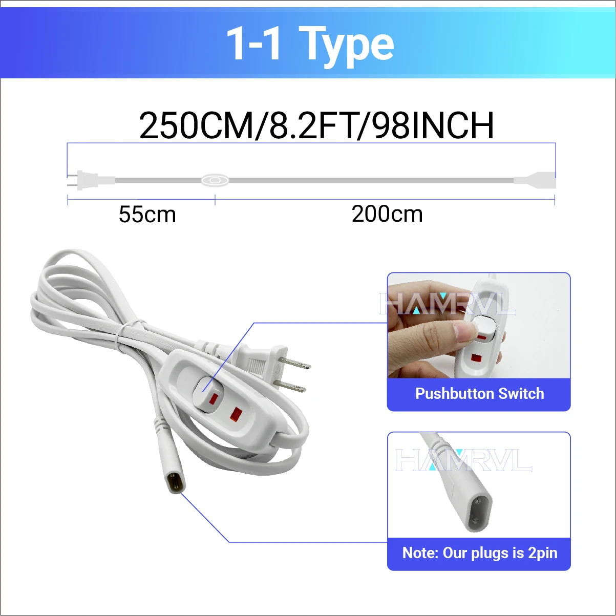 Hexagon LED Light 2-Pin Power Cord with On/Off Switch for HAMRVL Honeycomb Garage Lights & Lighting Systems Replacement Cable
