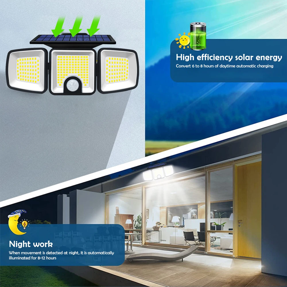 3 Heads Solar Motion Sensor Lights 236/223LED Solar Security Flood Lights Waterproof 3 Modes Wall Light Garden Yard Patio Pathwa