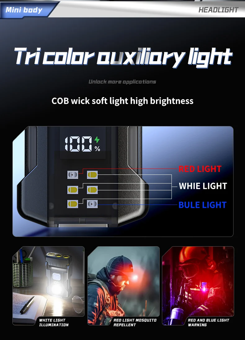 Portable Mini LED Flashlights USB Rechargeable EDC Flashlight with Battery Display Magnetic Working Light 7 Modes Fishing Torch