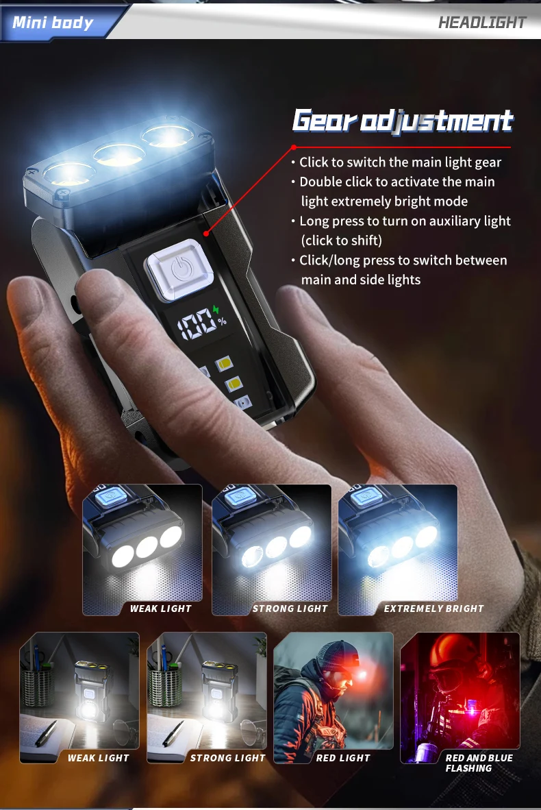 Portable Mini LED Flashlights USB Rechargeable EDC Flashlight with Battery Display Magnetic Working Light 7 Modes Fishing Torch