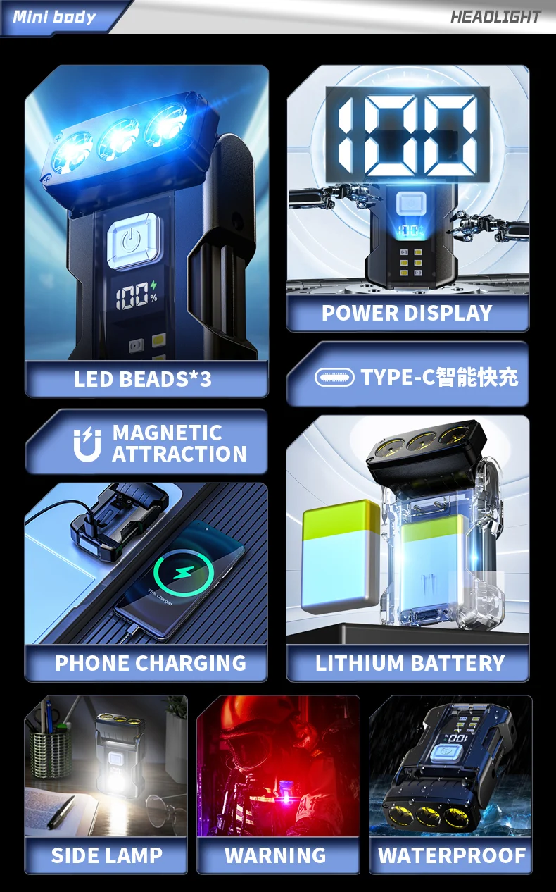 Portable Mini LED Flashlights USB Rechargeable EDC Flashlight with Battery Display Magnetic Working Light 7 Modes Fishing Torch