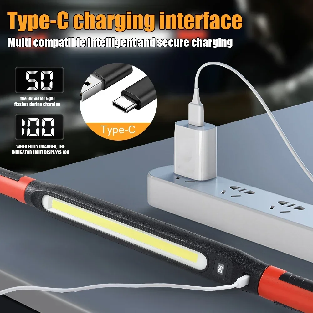 High Lumen Rechargeable LED Work Light for Car Emergency Repair, Powerful Magnetic Flashlight with Hooks and Magnetic Base