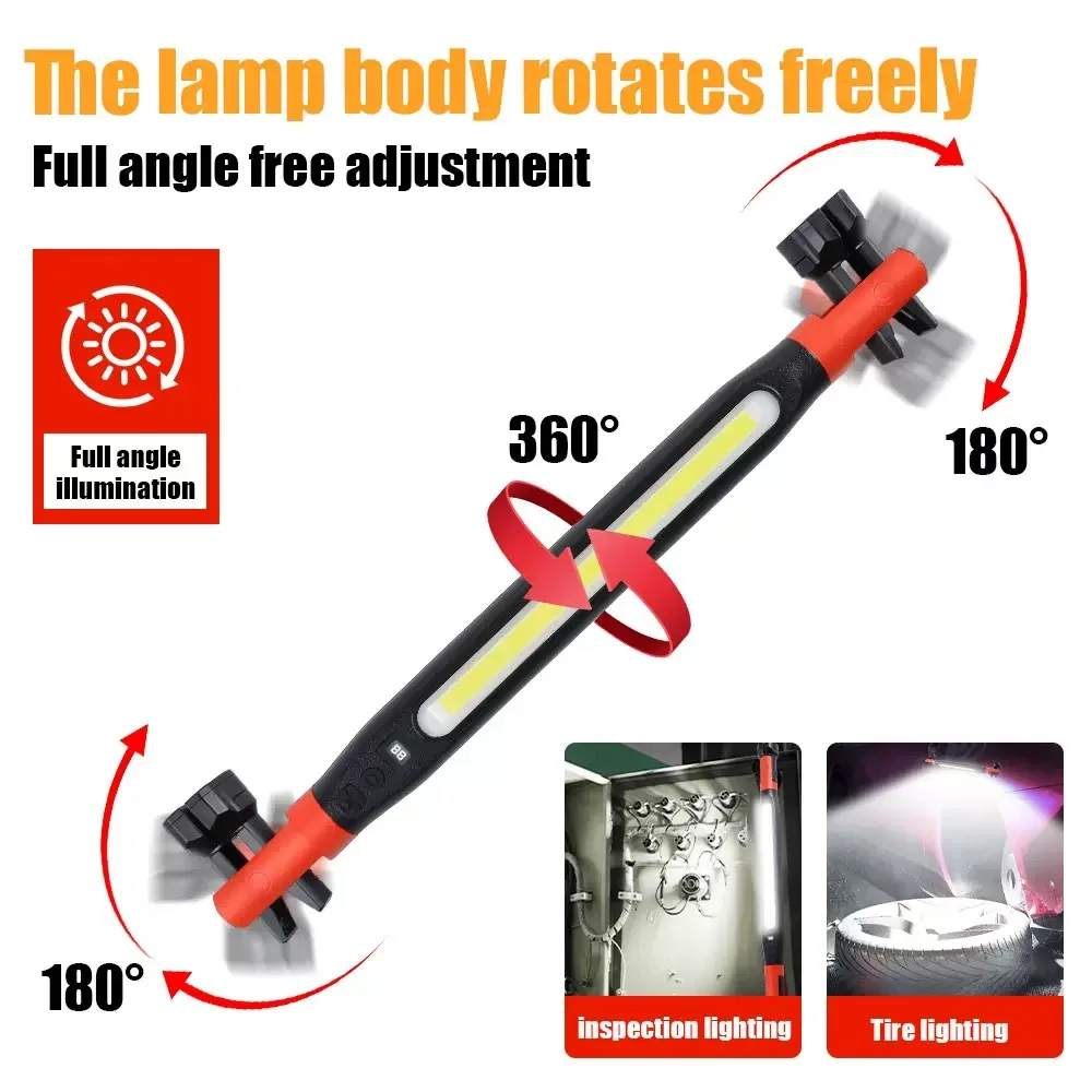 High Lumen Rechargeable LED Work Light for Car Emergency Repair, Powerful Magnetic Flashlight with Hooks and Magnetic Base