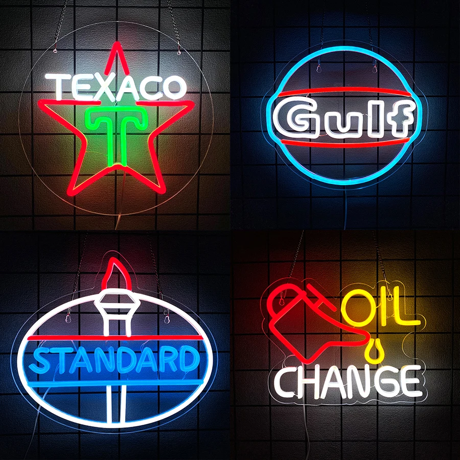 Oil Change/Texaco/Gulf/Standard LED Neon Sign for Wall Decor, Automobile Repair Shop Auto Room Workshop Garage Accessories