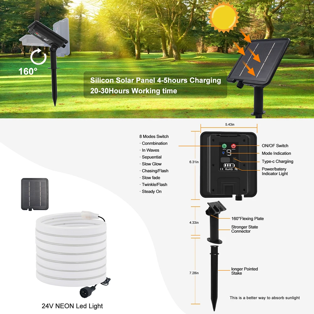 Solar LED Neon Strip Light Neon Sign Flexible Rope Lights 24V 2835 120LED/m 6x12mm Waterproof 0.5m 1m 2m 5m Garden Decoration