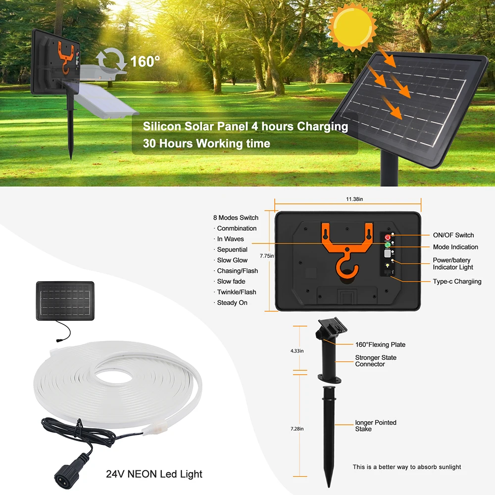 Solar LED Neon Strip Light Neon Sign Flexible Rope Lights 24V 2835 120LED/m 6x12mm Waterproof 0.5m 1m 2m 5m Garden Decoration