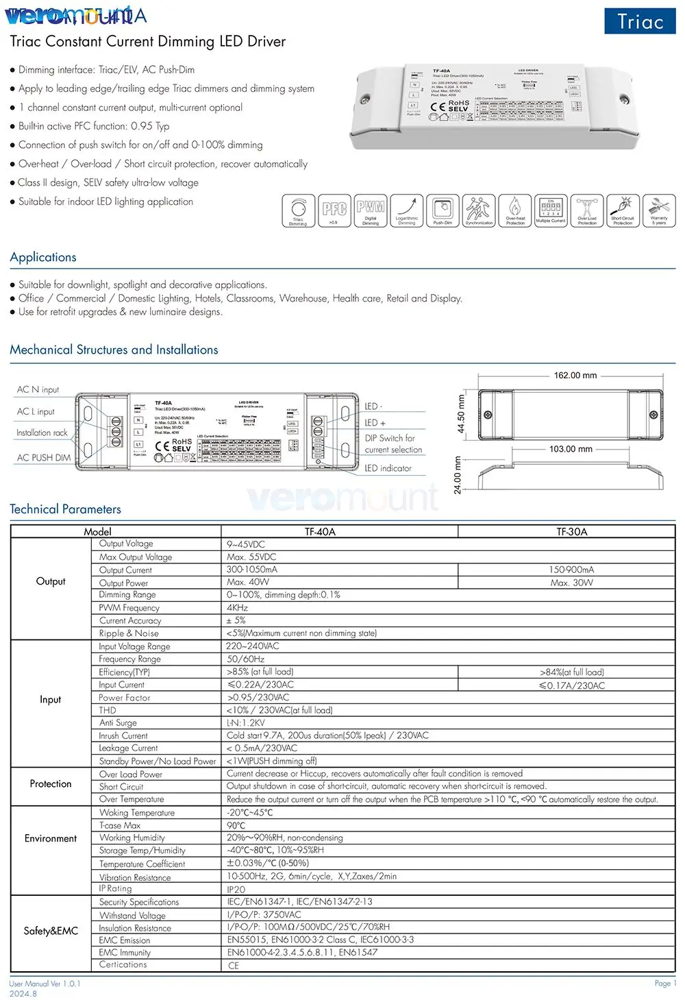 Skydance 12W 100-450mA 350-700mA 30W 150-900mA 40W 300-1050mA Constant Current Dimmable Led Triac Dimming Driver 200-240V Input