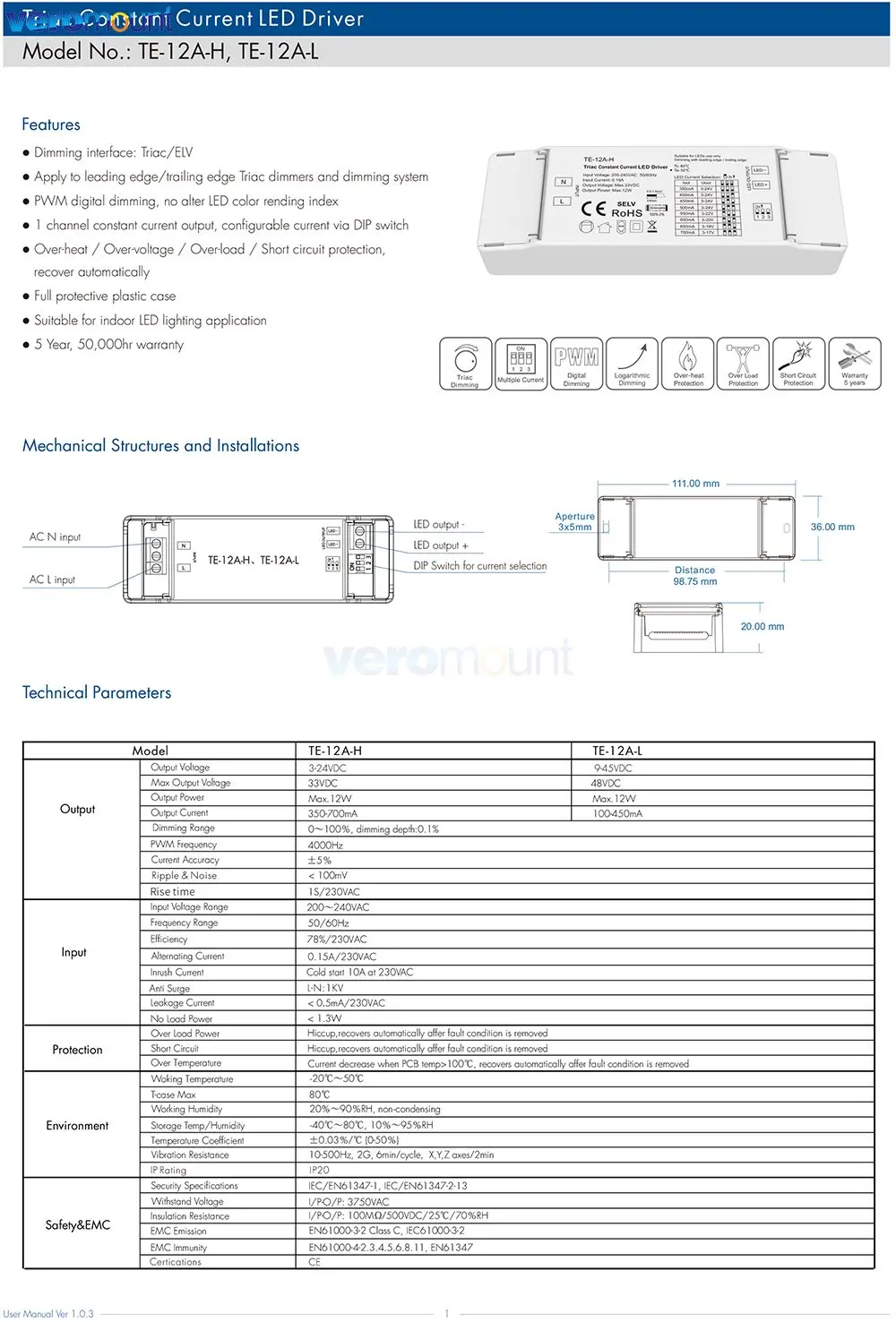 Skydance 12W 100-450mA 350-700mA 30W 150-900mA 40W 300-1050mA Constant Current Dimmable Led Triac Dimming Driver 200-240V Input