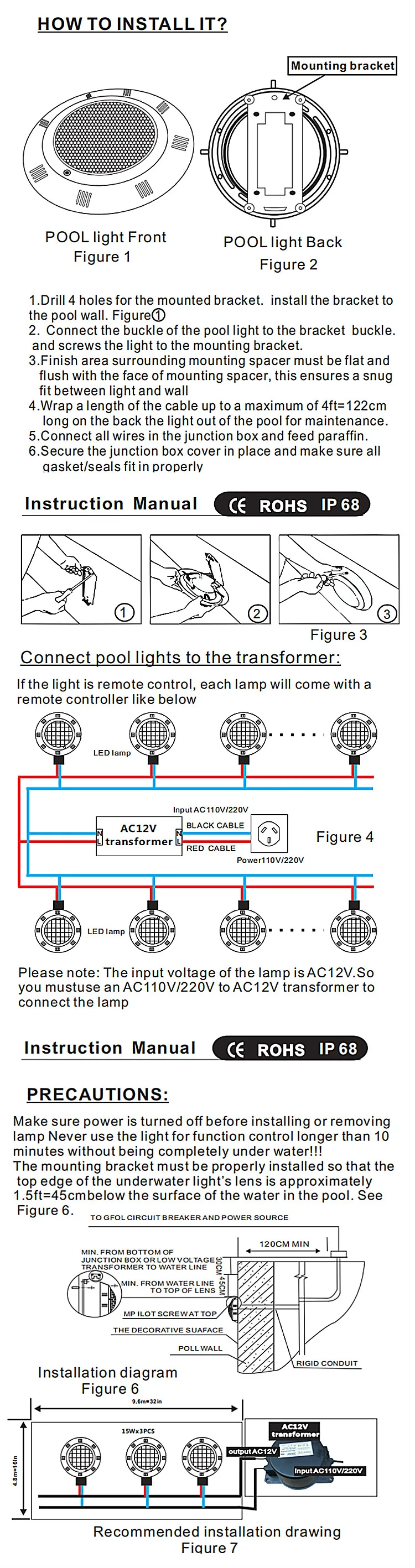 LED Swimming Pool Lights RGB AC12V 12W 18W 25W 35W 45W IP68 Waterproof Lamp with Remote Controller for pool party