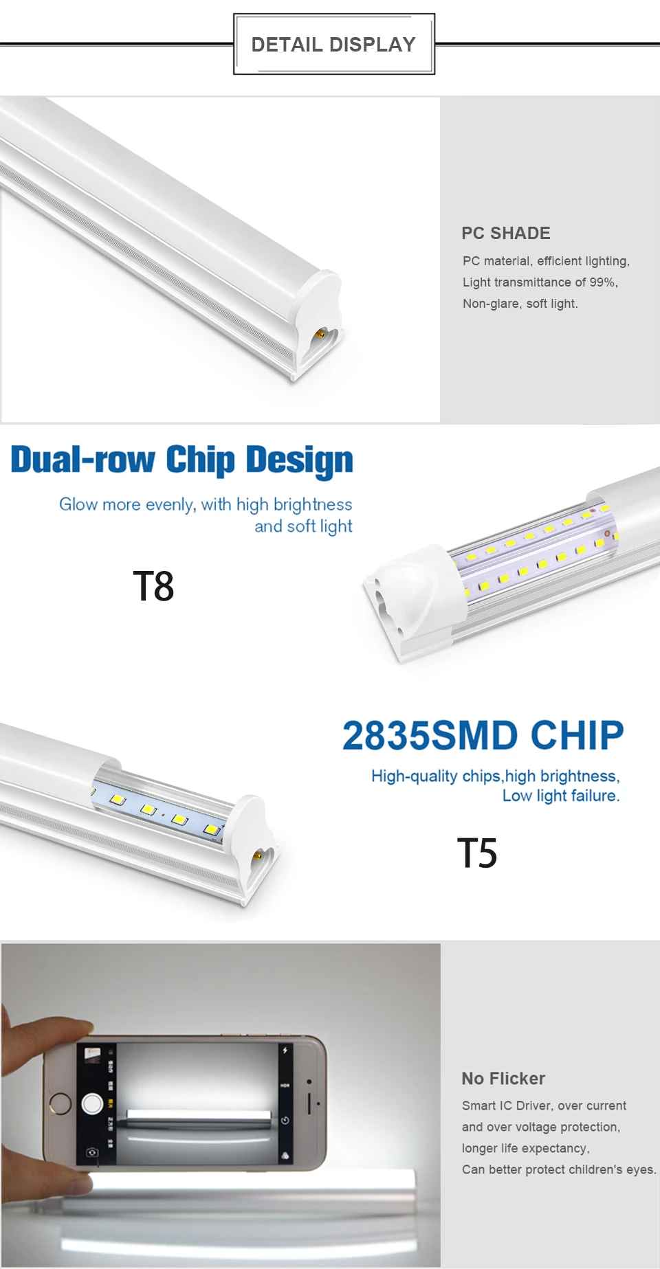 Energy Saving T5/T8 15W/25W LED Tube AC220V Fluorescent Tube Bulb for Shop Exhibition Halls Lighting,EU US Plug Connect Wire