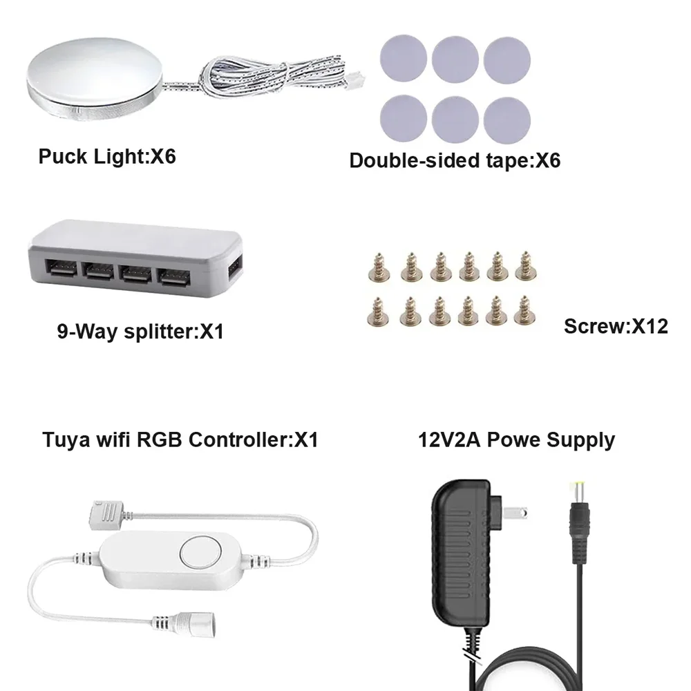 Tuya WIFI DC12V RGB Color Under Cabinet Lights Dimmable Puck Light Festival Wardrobe Bedroom Kitchen for Alice Alexa Google Home