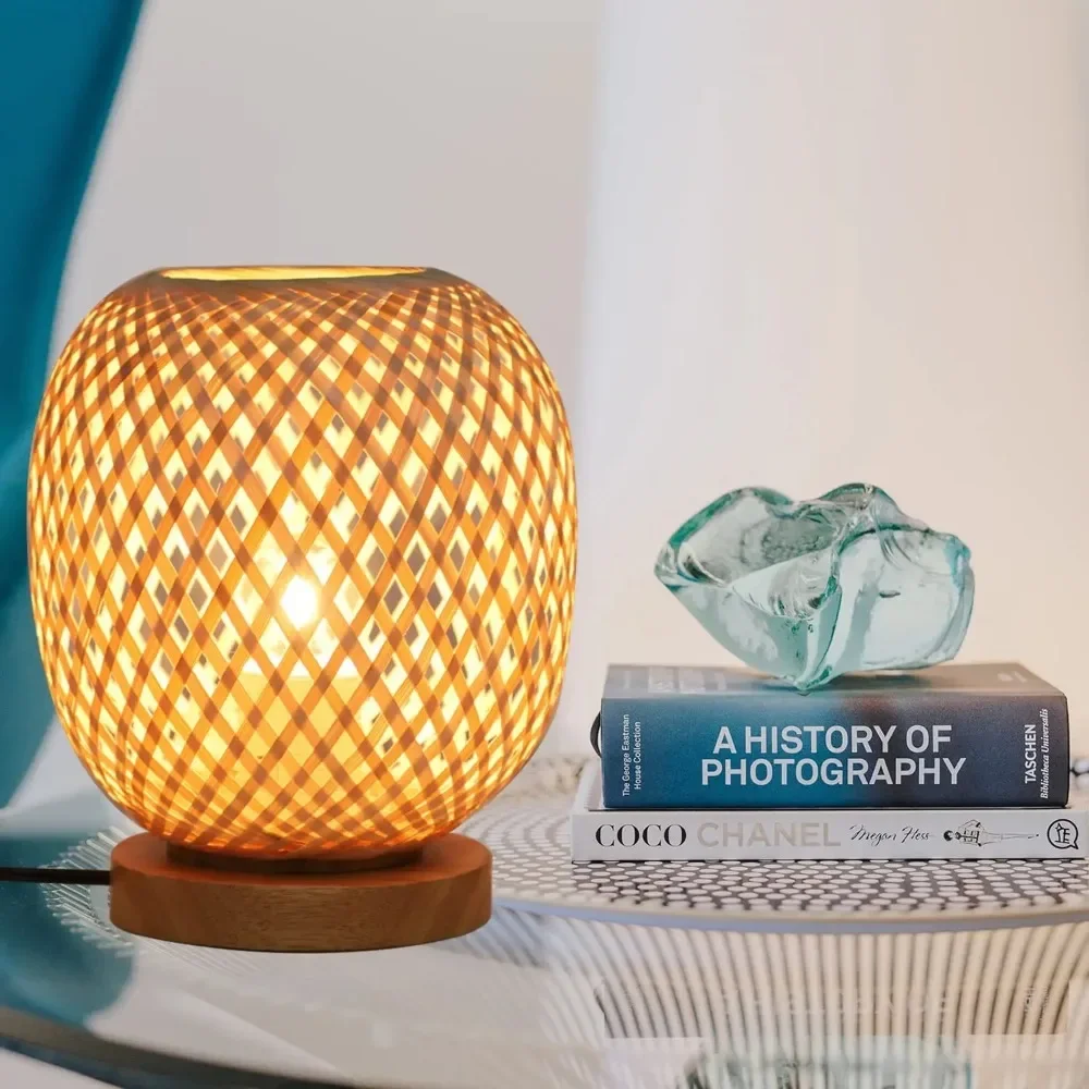 Bohemian Hand-woven Natural Bamboo Table Lamps Vintage Vine Rattan Decorative Desktop Lights for Study Teahouse Bedside
